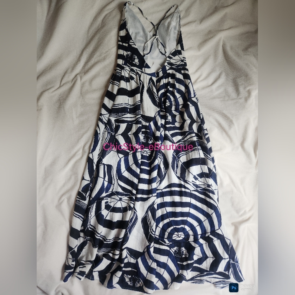 STORE CLOSING! H&M Long Strappy Dress White/navy Blue Patterned Fitted Bodice N - Picture 7 of 14